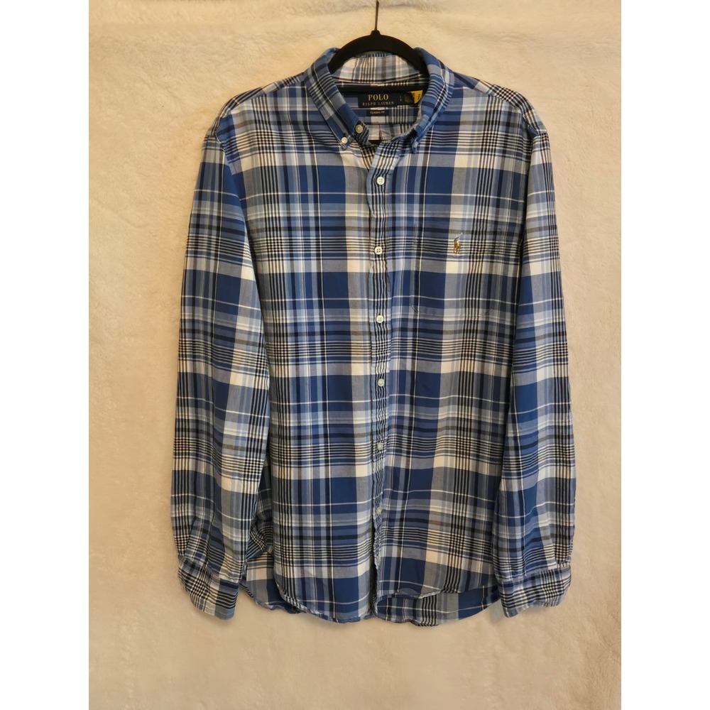Polo Ralph Lauren Mens Large Blue White Classic Fit Plaid Button Down Shirt